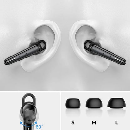 Black wireless earbuds with ear tips.