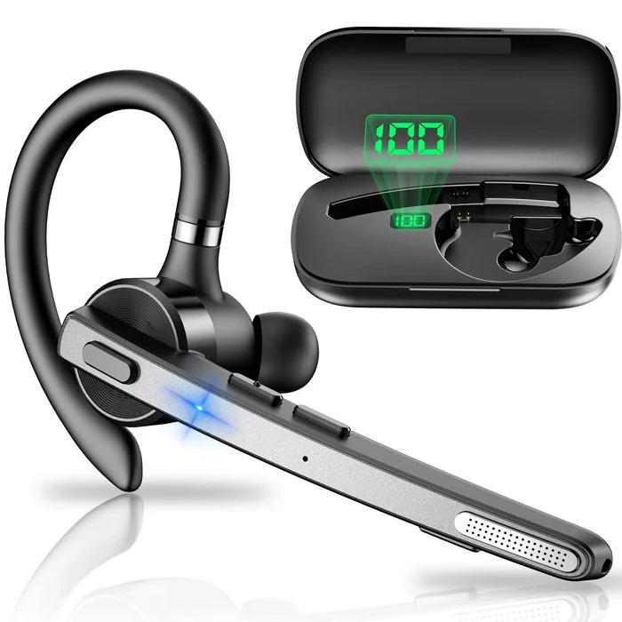 Black wireless headset with charging case.
