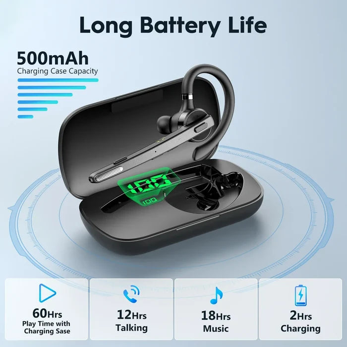 Wireless headset with charging case.