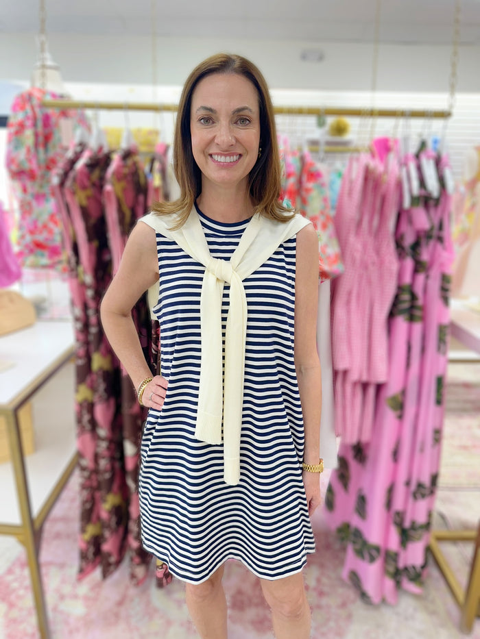 Newport Stripe Dress with Faux Shoulder Sweater  " Navy/White"