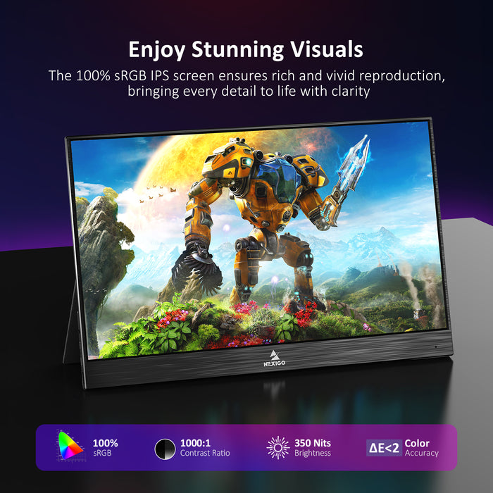 The portable monitor with 100% sRGB IPS displays more vivid colors and shows every detail.