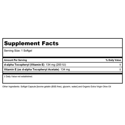 Now Foods Vitamin E-200 D-Alpha Tocopheryl 100 Softgels - 0825 - Supplement Facts panel