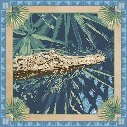 Ocmulgee Alligator silk scarf featuring a gold alligator, palmetto shadows, and a blue Greek key border.