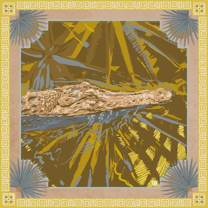 Ocmulgee alligator silk scarf featuring a gold and brown palmetto design with a classic Greek key border.