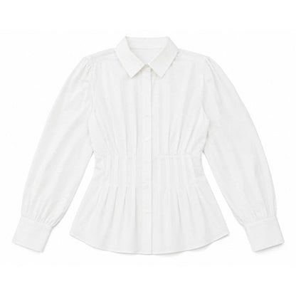 White cotton long-sleeve button-down top with a pleated waist-defining bodice and classic collar.