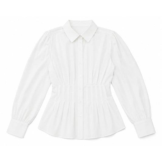 White cotton long-sleeve button-down top with a pleated waist-defining bodice and classic collar.