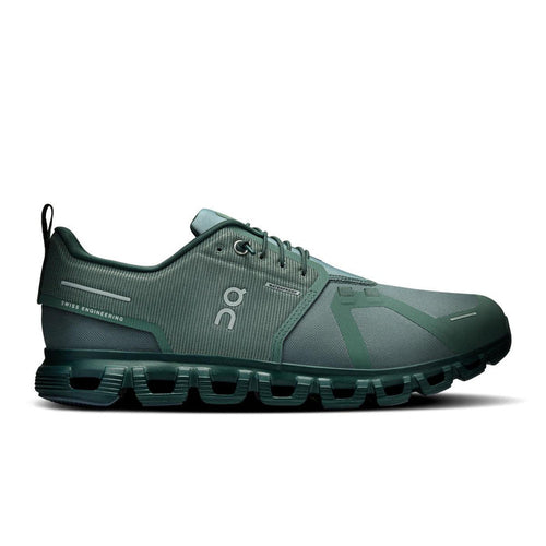 Dark green On Running Cloud 6 waterproof men's shoe with a breathable mesh upper and signature speed-lacing system.