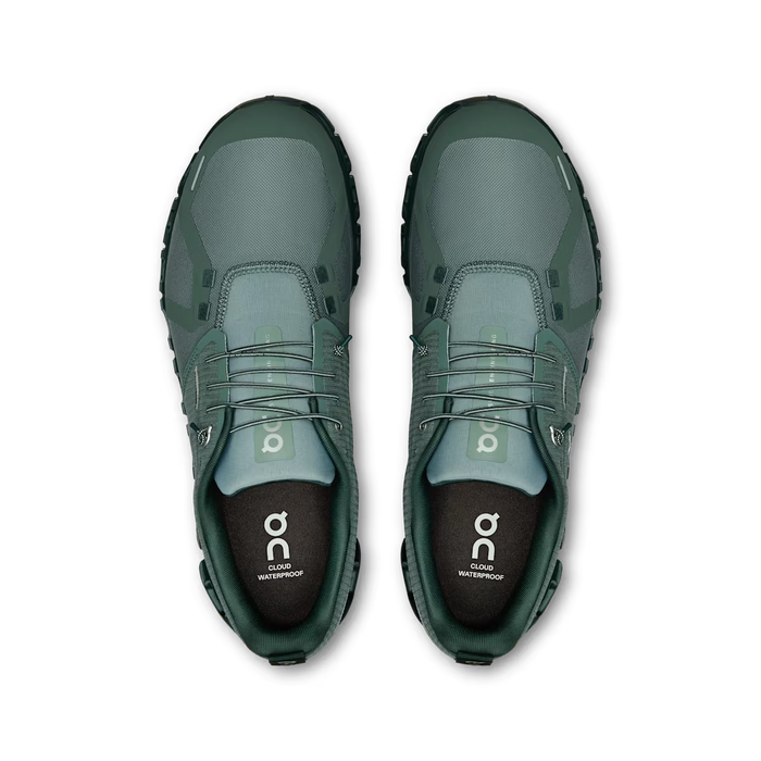 Top-down view of sage green On Running Cloud 6 waterproof men's shoes with a breathable mesh upper and speed-lacing system.
