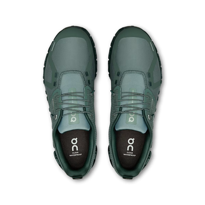 Top-down view of sage green On Running Cloud 6 waterproof men's shoes with a breathable mesh upper and speed-lacing system.