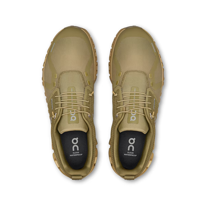 Top-down view of olive green On Running Cloud 6 waterproof men's sneakers with speed-lacing and mesh upper.