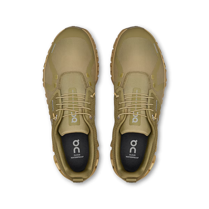 Top-down view of olive green On Running Cloud 6 waterproof men's sneakers with speed-lacing and mesh upper.