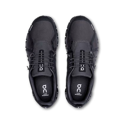 Top-down view of black On Running Cloud 6 waterproof men's shoes featuring a breathable mesh upper and speed-lacing system.