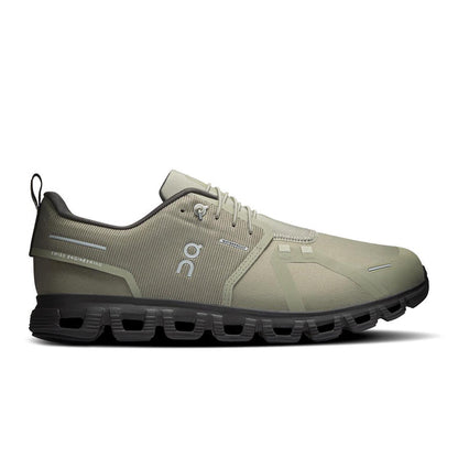 On Running Cloud 6 waterproof men's shoe in olive green with a breathable mesh upper and black cushioned sole.