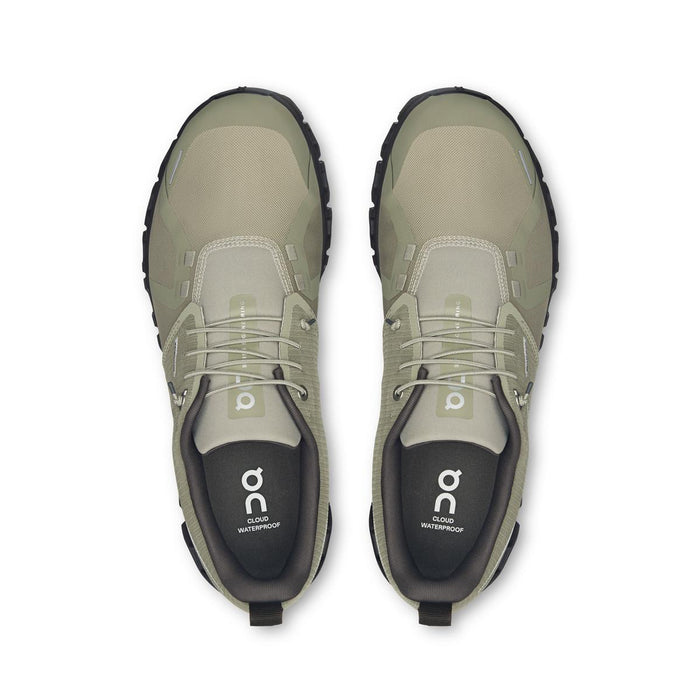 Top-down view of olive green On Running Cloud 6 waterproof men's shoes featuring a speed-lacing system and mesh upper.