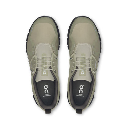 Top-down view of olive green On Running Cloud 6 waterproof men's shoes featuring a speed-lacing system and mesh upper.