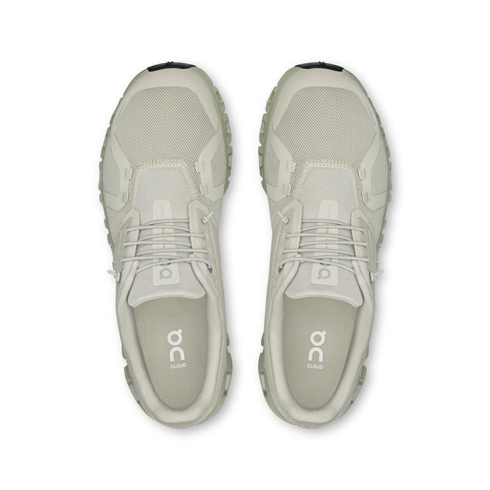 Top-down view of light beige On Running Cloud 6 men's sneakers featuring breathable mesh and speed lacing system.