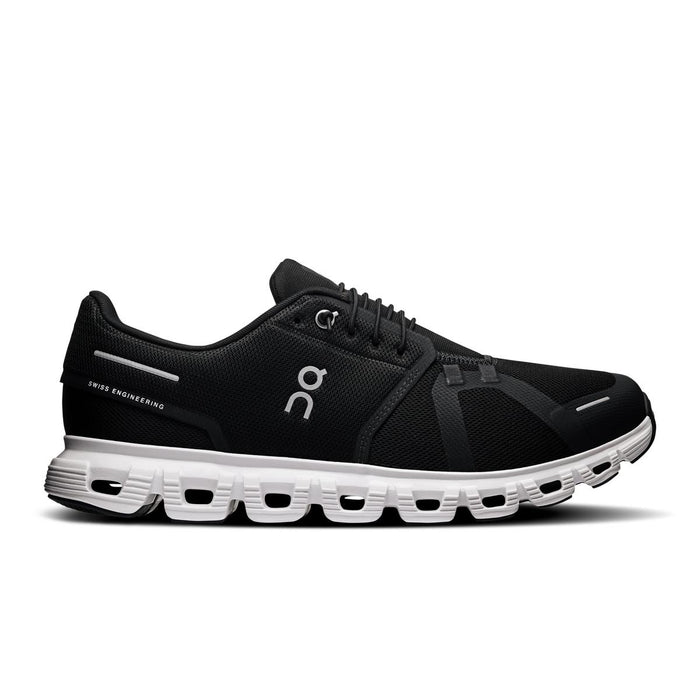 Black On Running Cloud 6 men's sneaker with breathable mesh upper, white CloudTec cushioned sole, and speed lacing system.