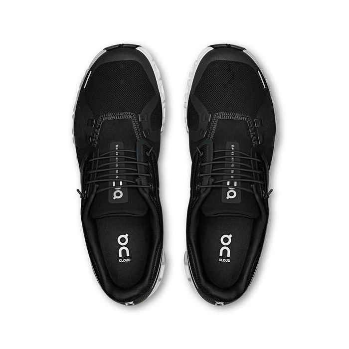 Top-down view of black On Running Cloud 6 men's sneakers featuring breathable mesh fabric and white CloudTec outsoles.