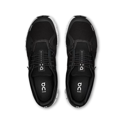Top-down view of black On Running Cloud 6 men's sneakers featuring breathable mesh fabric and white CloudTec outsoles.