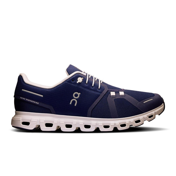 On Running Cloud 6 men's sneaker in navy blue mesh with white CloudTec cushioned sole and signature speed lacing system.