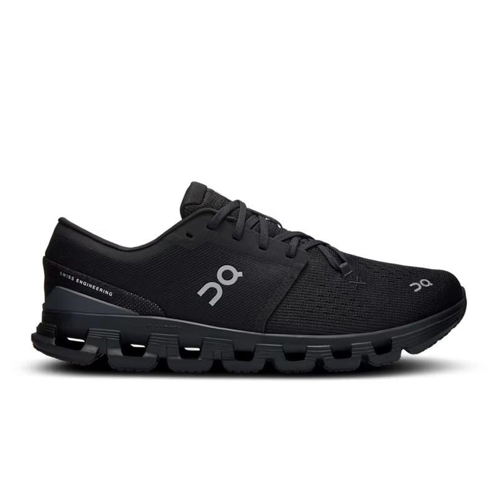 Men's On Running Cloud X 4 training shoe in all-black with breathable mesh upper and cushioned Helion midsole.