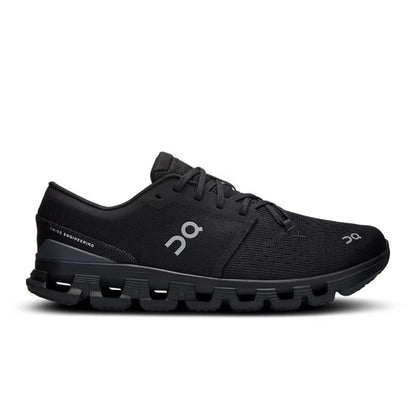 Men's On Running Cloud X 4 training shoe in all-black with breathable mesh upper and cushioned Helion midsole.