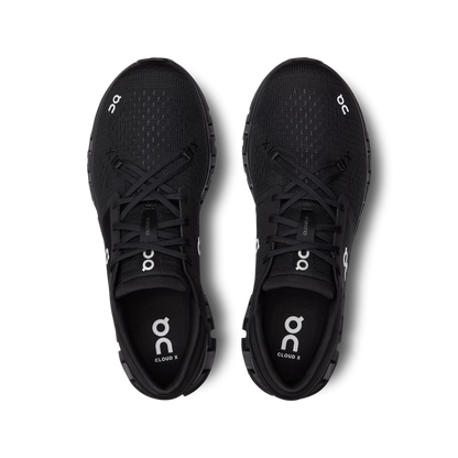 Top-down view of black On Running Cloud X 4 training shoes with breathable mesh uppers and star lacing system.