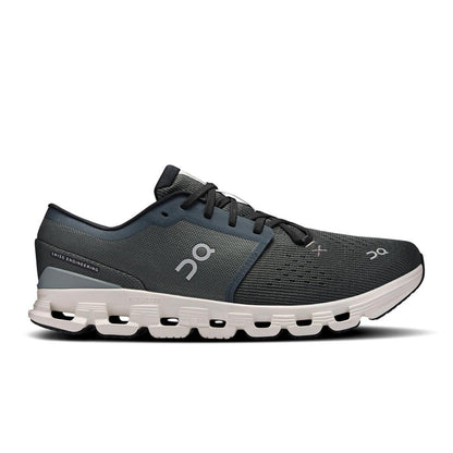 Dark grey On Running Cloud X 4 training shoe with a white Helion foam midsole and breathable mesh upper.