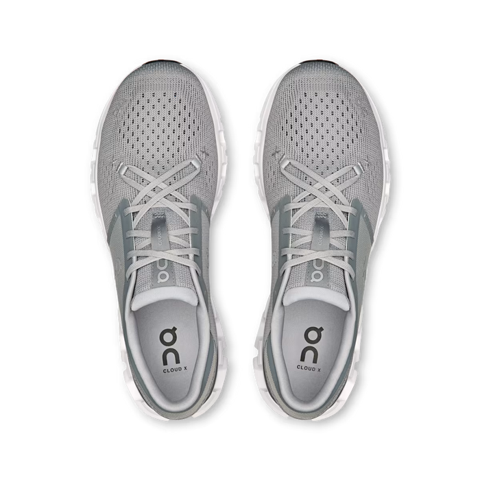 Top-down view of grey On Running Cloud X 4 training shoes with breathable mesh uppers and star lacing system.