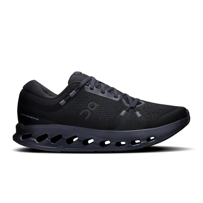 Men's black On Running Cloudsurfer 2 sneakers with breathable mesh upper and CloudTec Phase cushioned Helion midsole.