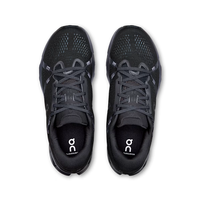 Top-down view of black On Running Cloudsurfer 2 men's sneakers with breathable mesh uppers and cushioned midsoles.