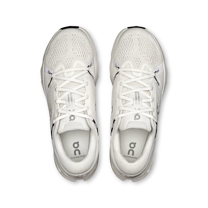 Top-down view of white On Running Cloudsurfer 2 sneakers featuring a breathable mesh upper and lace-up closure.