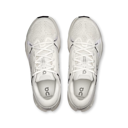 Top-down view of white On Running Cloudsurfer 2 sneakers featuring a breathable mesh upper and lace-up closure.