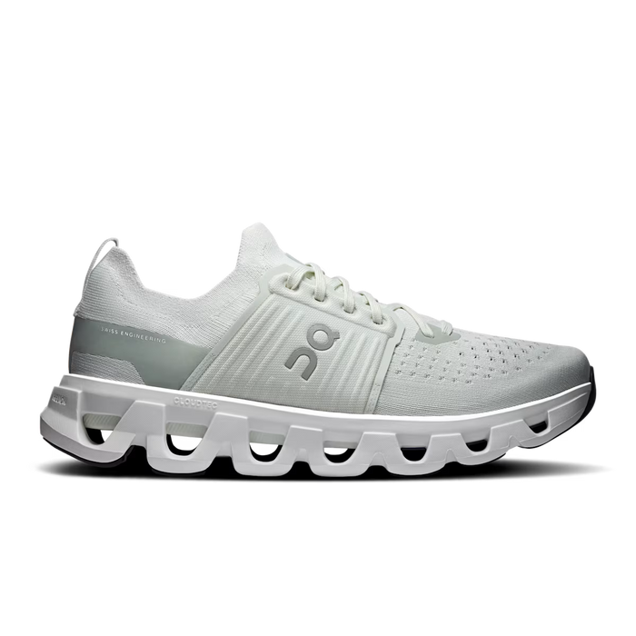 On Running Men's Cloudswift 4 road shoe in light grey with a breathable mesh upper, supportive midfoot cage, and white Helion foam.