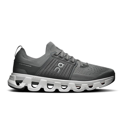 Grey On Running Cloudswift 4 road shoe with breathable mesh upper, midfoot cage, and white Helion superfoam cushioned sole.