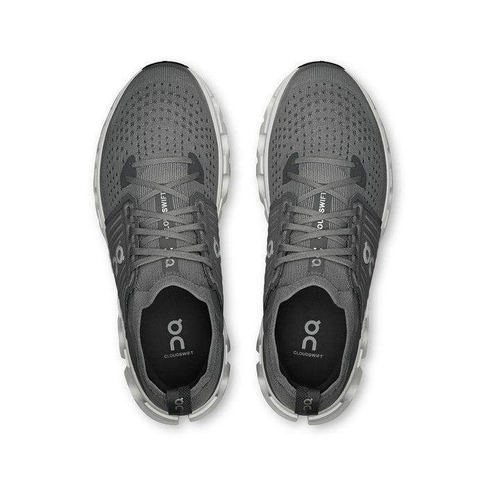 Top-down view of grey On Running Cloudswift 4 road shoes featuring a breathable mesh upper and cushioned Helion foam midsole.