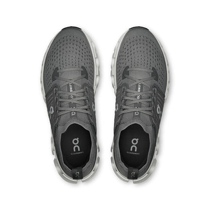 Top-down view of grey On Running Cloudswift 4 road shoes featuring a breathable mesh upper and cushioned Helion foam midsole.
