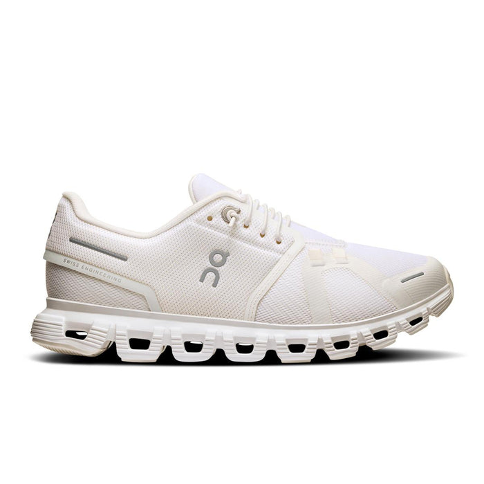 Women's On Running Cloud 6 sneaker in white with breathable mesh upper, CloudTec cushioning, and Swiss engineering detail.