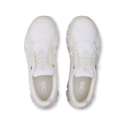 Top-down view of white On Running Women's Cloud 6 sneakers with breathable mesh and signature CloudTec cushioning.