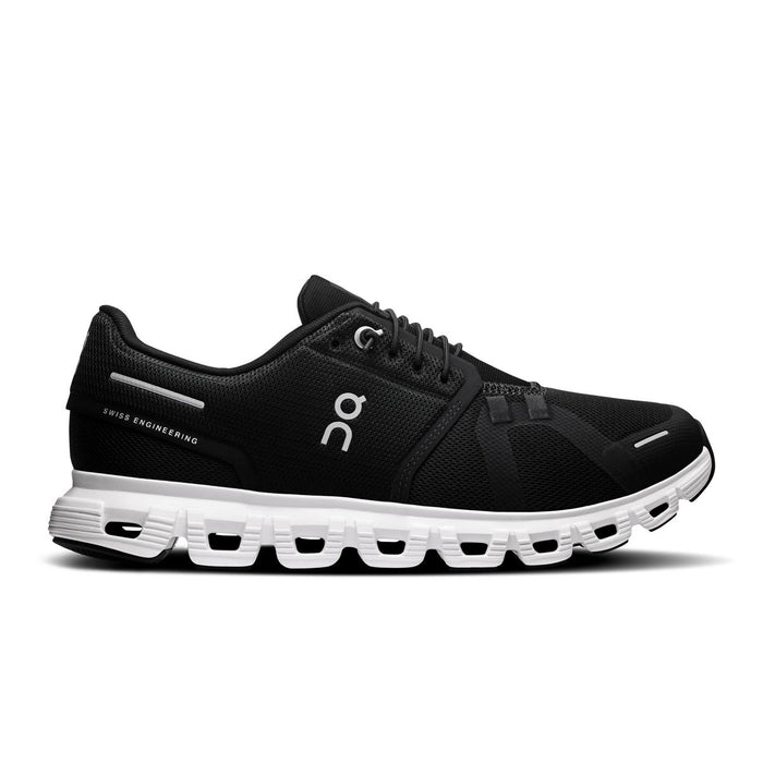 On Running Women's Cloud 6 sneaker in black with a white CloudTec cushioned sole and Swiss engineering detailing.