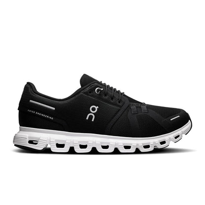 On Running Women's Cloud 6 sneaker in black with a white CloudTec cushioned sole and Swiss engineering detailing.