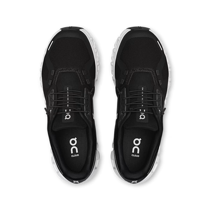 Top-down view of black On Running Women's Cloud 6 sneakers with white CloudTec soles and breathable mesh upper.