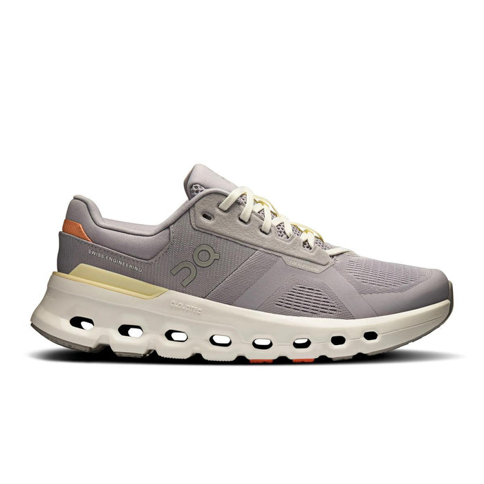 On Running Women's Cloudrunner 2 in grey with a cushioned CloudTec midsole, yellow heel clip, and orange accent details.