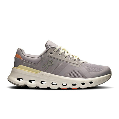 On Running Women's Cloudrunner 2 in grey with a cushioned CloudTec midsole, yellow heel clip, and orange accent details.