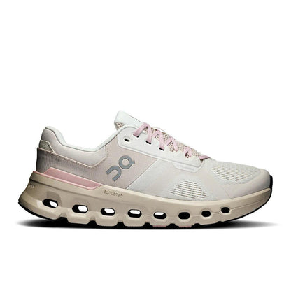 Women's On Running Cloudrunner 2 in beige and soft pink with CloudTec cushioning and a supportive mesh upper.