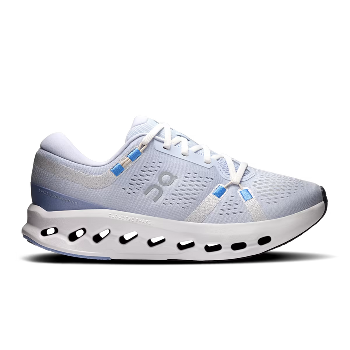 Light blue On Running Cloudsurfer 2 women's shoe with breathable mesh, white CloudTec Phase midsole, and blue accents.