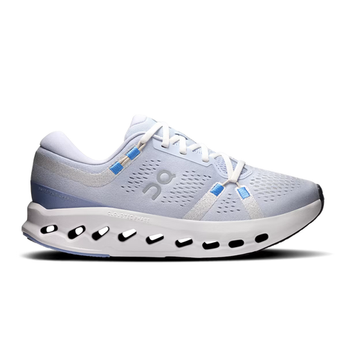 Light blue On Running Cloudsurfer 2 women's shoe with breathable mesh, white CloudTec Phase midsole, and blue accents.