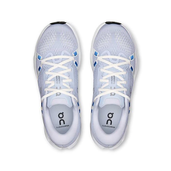 Top-down view of light blue On Running Cloudsurfer 2 women's sneakers with breathable mesh and white lace-up closure.