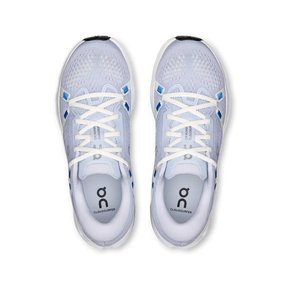 Top-down view of light blue On Running Cloudsurfer 2 women's sneakers with breathable mesh and white lace-up closure.