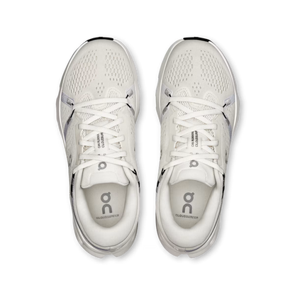 Top-down view of white On Running Women's Cloudsurfer 2 shoes featuring breathable mesh and cushioned midsoles.